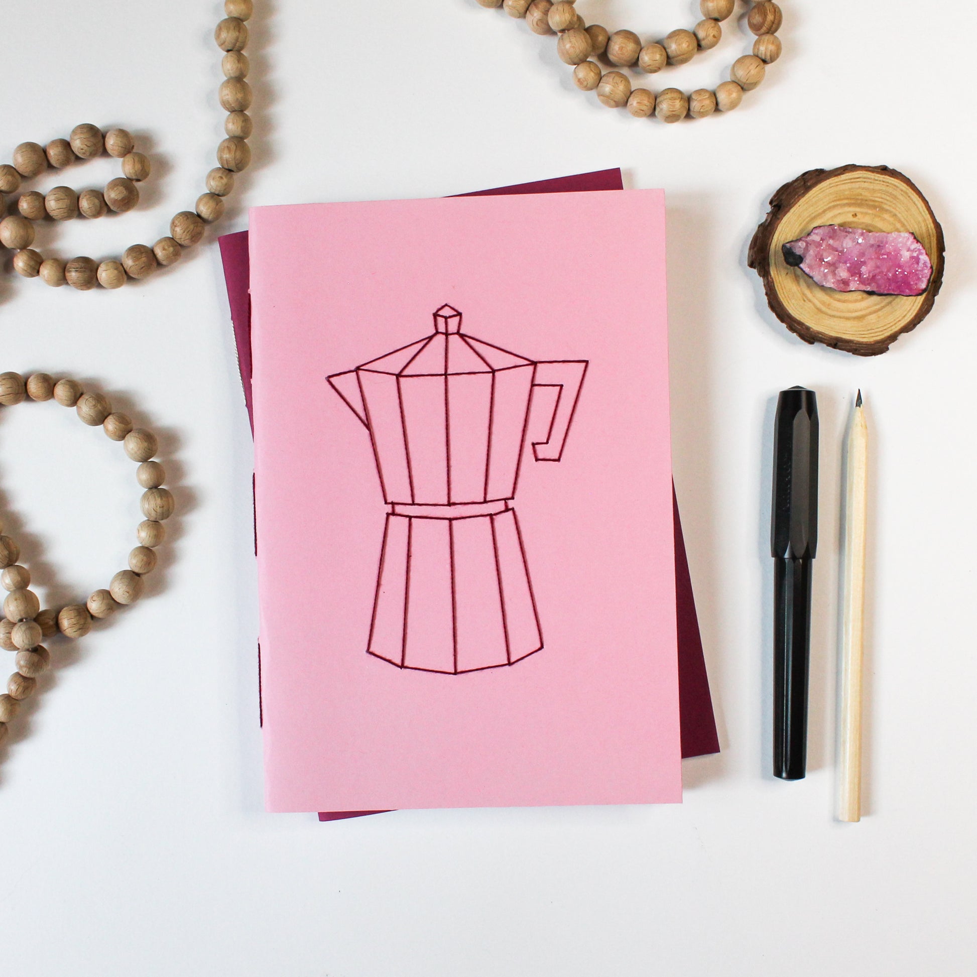 A/5-ös jegyzetfüzet, napló, kézműves, kotyogós kávéfőző minta, kávé minta, rózsaszín, sima vagy pontrácsos kivitelben